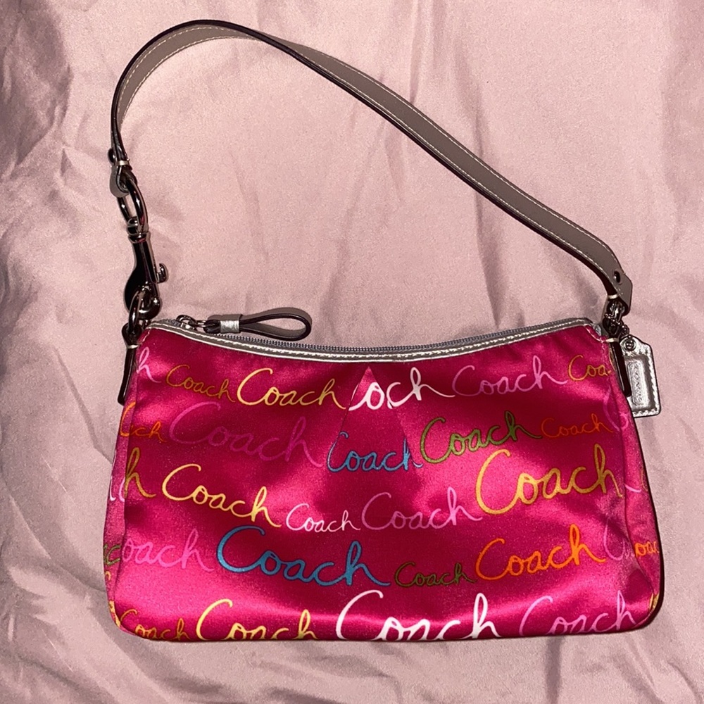 Coach Script Print Mini Shoulder Bag Pink Satin
